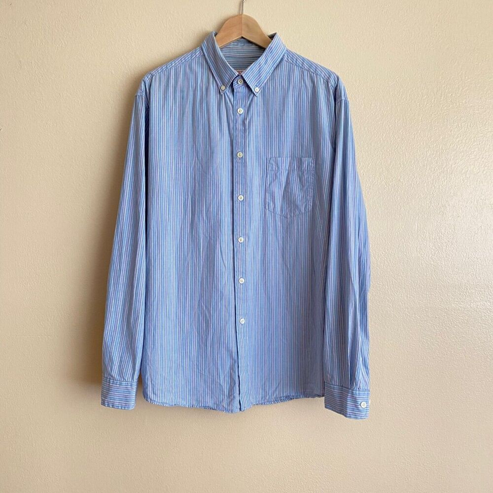 Merona Men's L Colorful Pinstripes on Blue Button Down Long Sleeve Shirt Pocket